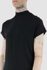 UY Studio - detail view of black bamboo casual T-shirt for men with pointy short sleeves, straight cut, Permanent Collection.