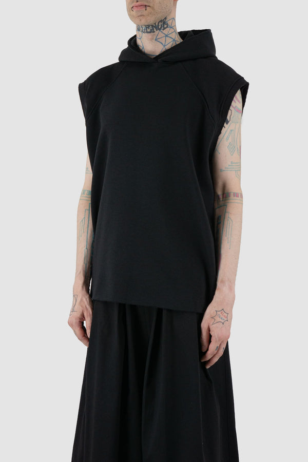 UY Studio - front side view of black jumbo hooded tank top.