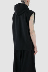 UY Studio - back side view of black jumbo hooded tank top for men from the FW24 collection with a large, cozy hood, open end seams and made of thick, warm cotton.