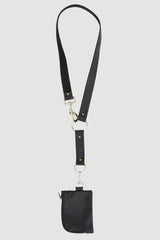 UY Studio - combination view of black leather keychain from the Permanent Collection is crafted from calf leather and features a durable metal hook and D-ring.