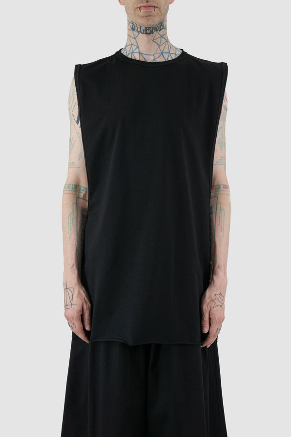 UY Studio - front view of black deep side cut cotton tank top for men from the FW24 collection with a round neckline, inverted seams and a low cut on each arm.