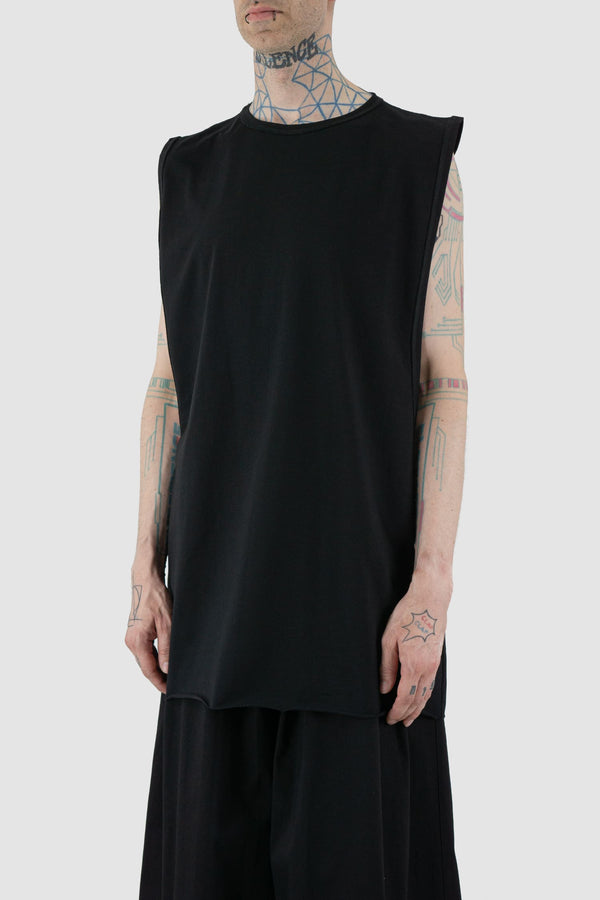 UY Studio - front side view of black deep side cut cotton tank top.