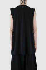 UY Studio - back view of black deep side cut cotton tank top for men from the FW24 collection with a round neckline, inverted seams and a low cut on each arm.