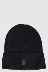 UY Studio - Front view of black bamboo beanie for men with coarse-knitted construction, turned-up brim, Permanent Collection.