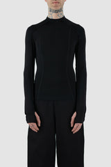 UY Studio - Front view of black bamboo Power Top L/S shirt with external seams, long sleeves, slim fit, Permanent Collection.