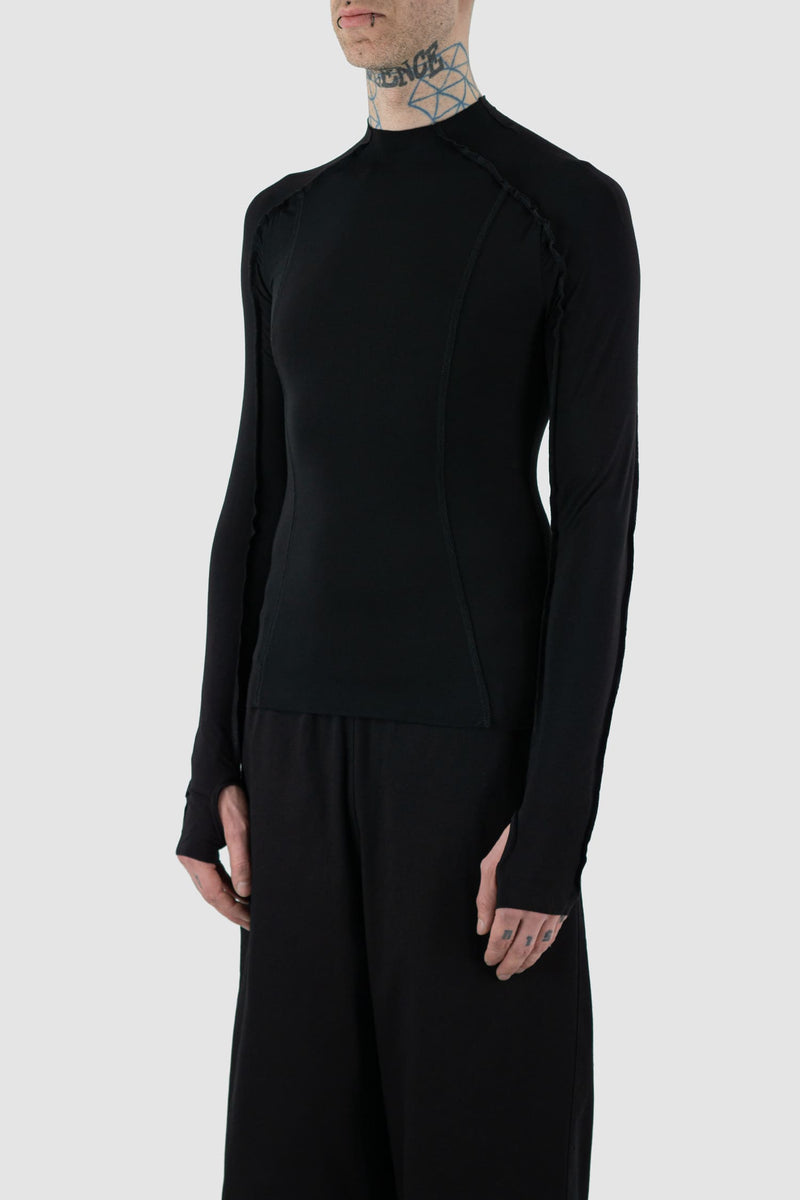 UY Studio - Side view of black bamboo Power Top L/S shirt.