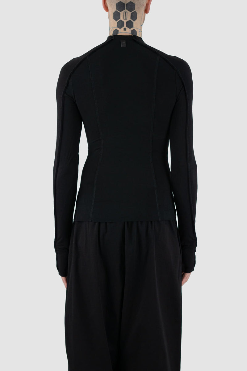 UY Studio - back view of black bamboo Power Top L/S shirt with external seams, long sleeves, slim fit, Permanent Collection.