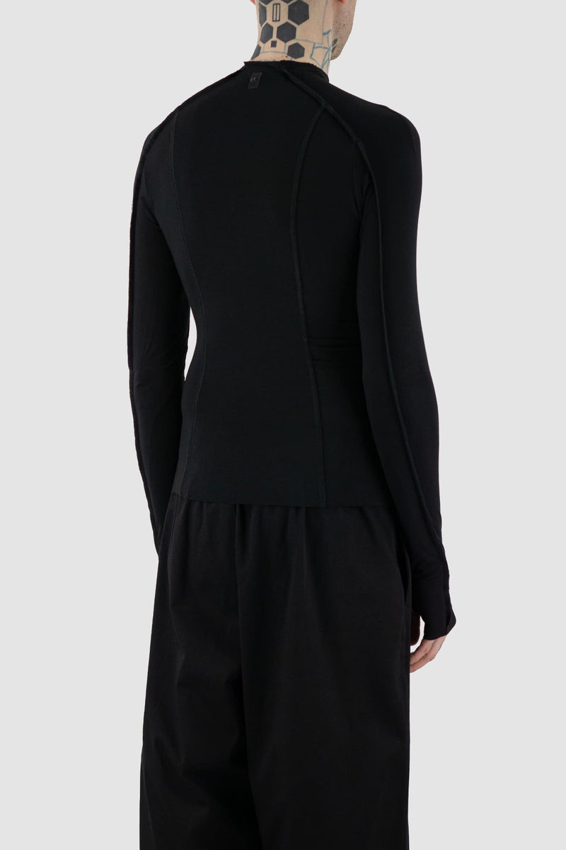 UY Studio - back side view of black bamboo Power Top L/S shirt with external seams, long sleeves, slim fit, Permanent Collection.