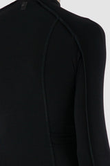 UY Studio - back detail view of black bamboo Power Top L/S shirt with external seams, long sleeves, slim fit, Permanent Collection.