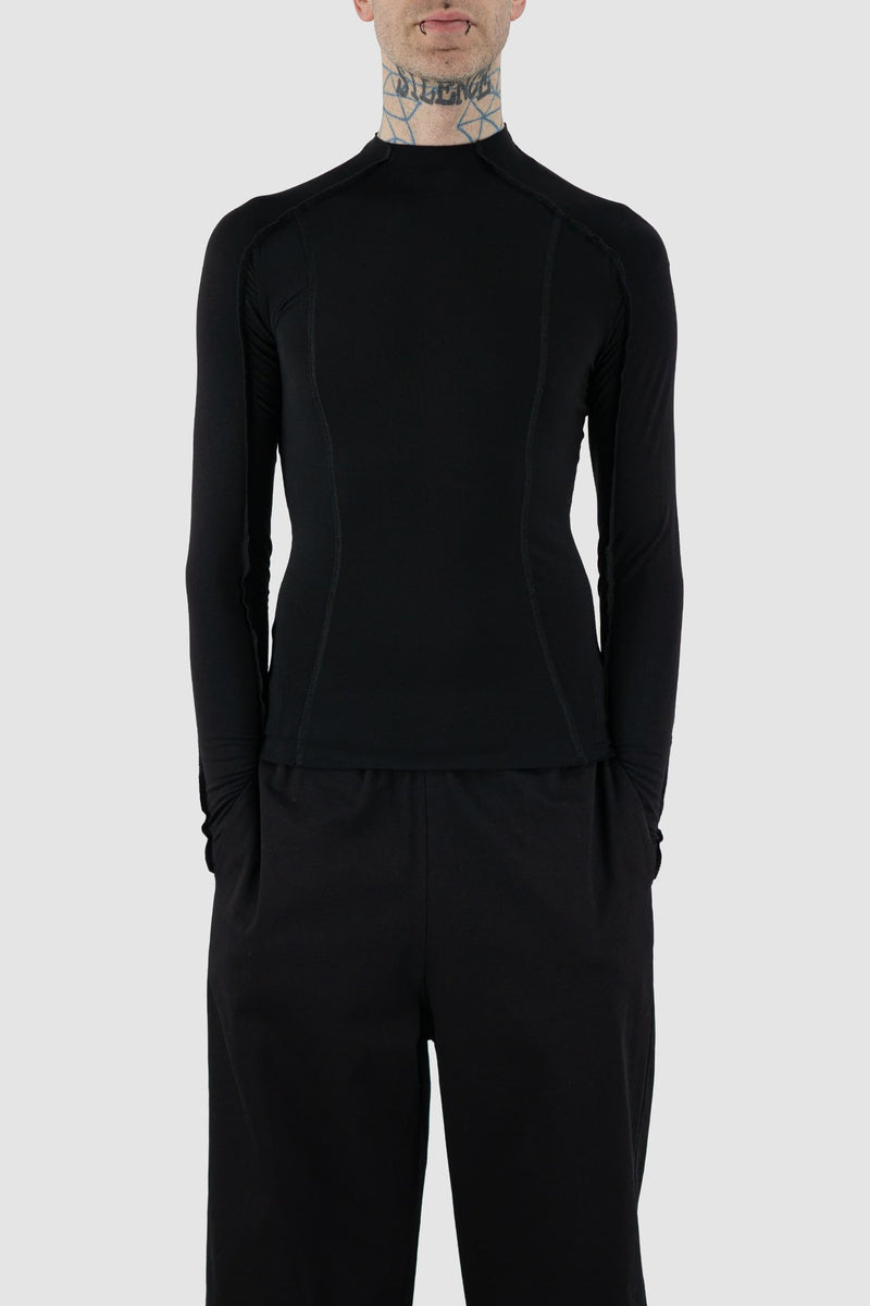 UY Studio - Front legere view of black bamboo Power Top L/S shirt with external seams, long sleeves, slim fit, Permanent Collection.