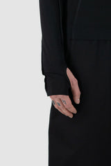 UY Studio - detail view of black bamboo Power Top L/S shirt with external seams, long sleeves, slim fit, Permanent Collection.