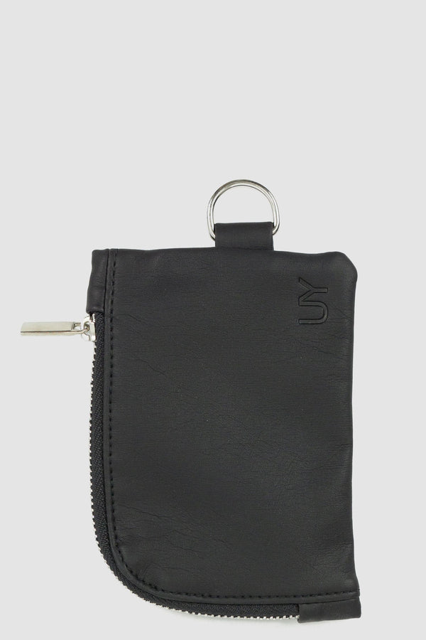 UY Studio - Front view of black vegan leather mini wallet with metal zipper, D-ring, Permanent Collection.