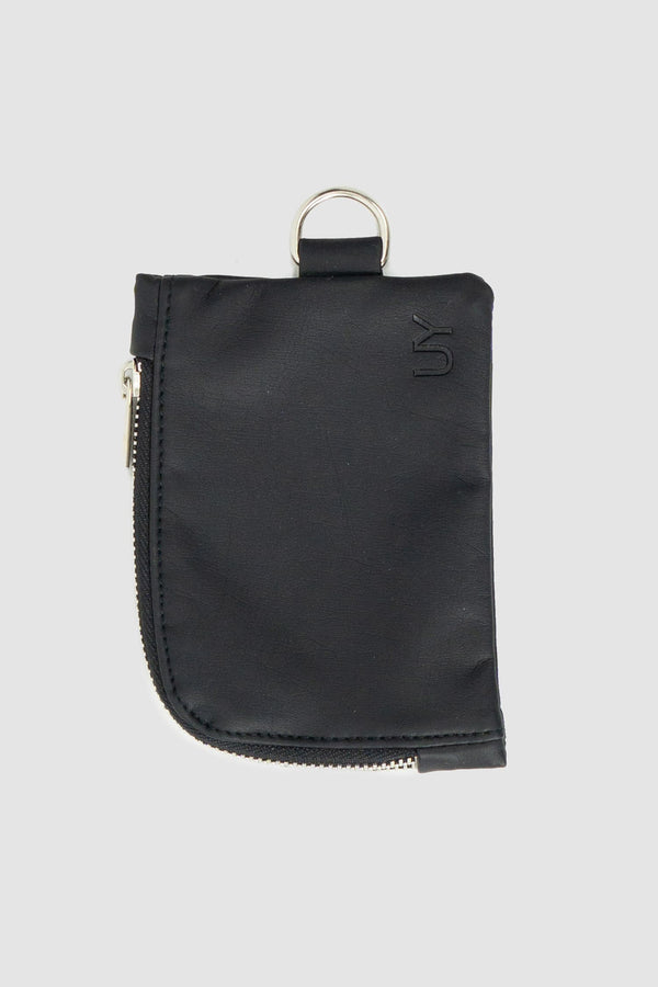 UY Studio - front view of black vegan leather mini wallet from the Permanent Collection combines style and practicality with its compact design.