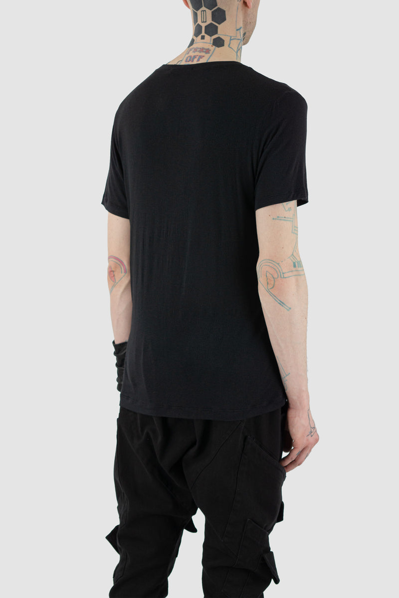 Back view of Black Viscose T-Shirt for Men with center stripe breast detail, LA HAINE INSIDE US