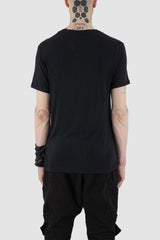 Back view of Black Viscose T-Shirt for Men with center stripe breast detail, LA HAINE INSIDE US