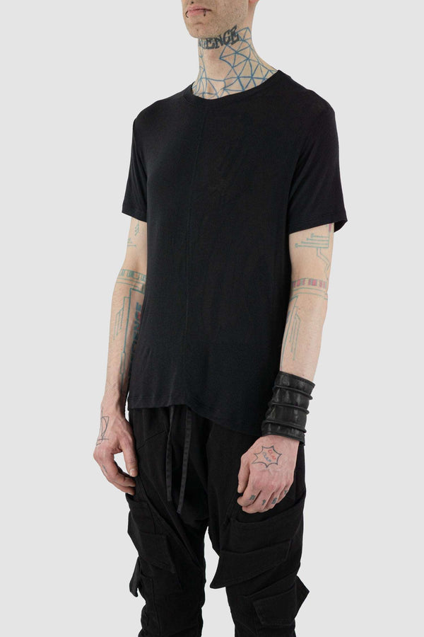Side view of Black Viscose T-Shirt for Men with center stripe breast detail, LA HAINE INSIDE US