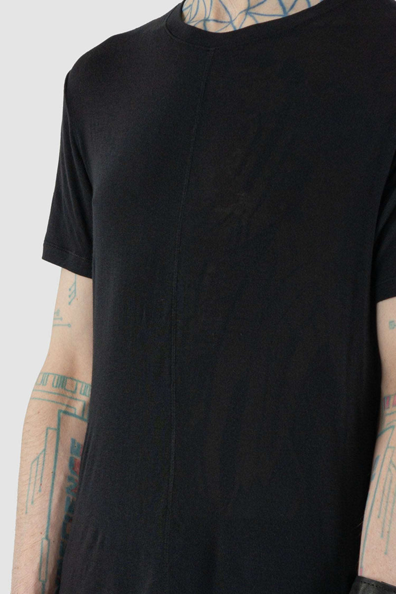 Detail view of Black Viscose T-Shirt for Men with center stripe breast detail, LA HAINE INSIDE US