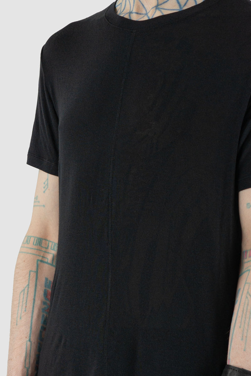 LA HAINE INSIDE US Black Viscose T-Shirt - SS24 Collection | 86% Viscose, 8% Silk, 6% EA | Center Stripe Breast Detail, Regular Fit, Lightweight Breathable Fabric | Made in Italy