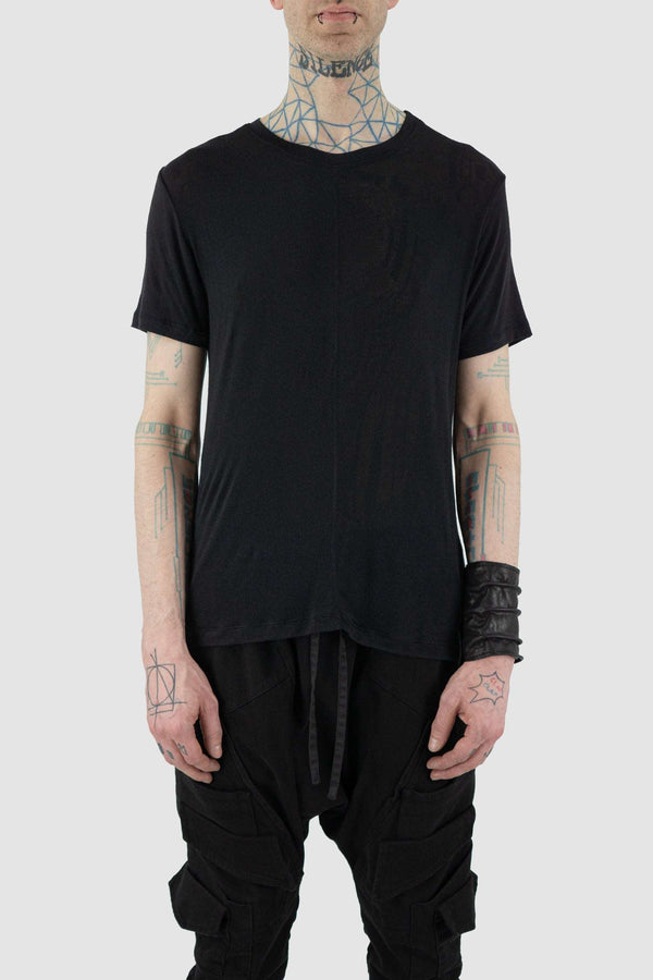 Front view of Black Viscose T-Shirt for Men with center stripe breast detail, LA HAINE INSIDE US