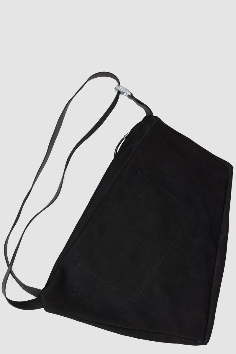 Detail view of Black Nubuk Calf Leather Cross Body Bag with metal clamping buckle, WERKSCHWARZ
