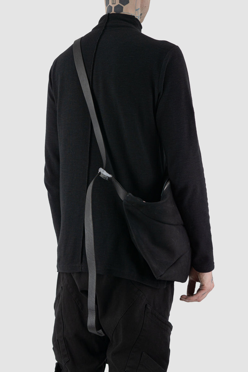 Back view of Black Nubuk Calf Leather Cross Body Bag with waxed finish, WERKSCHWARZ
