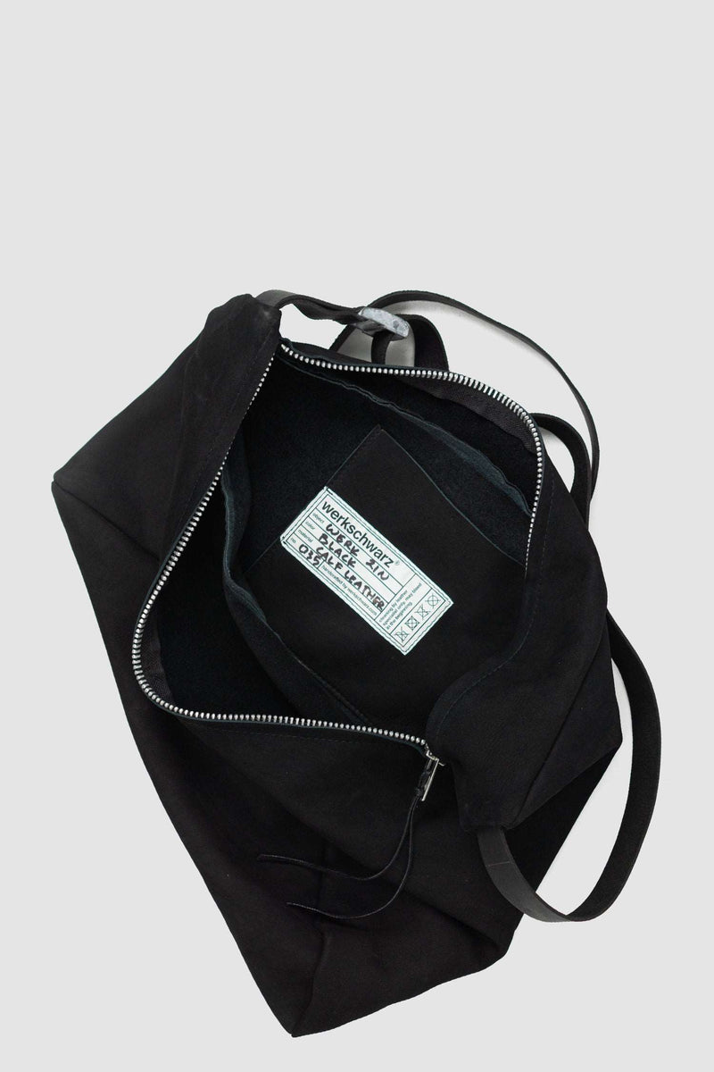 Top Detail view of Black Nubuk Calf Leather Cross Body Bag with metal clamping buckle, WERKSCHWARZ