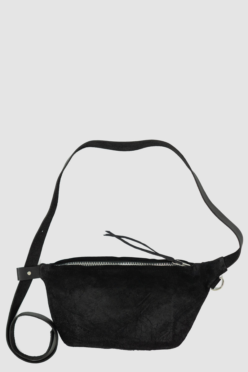 Detail view of Black Suede Calf Leather Waist Bag with adjustable strap, WERKSCHWARZ