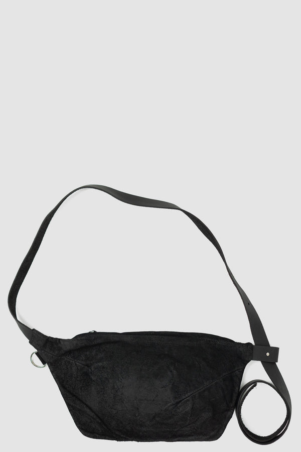 Top view of Black Suede Calf Leather Waist Bag highlighting inside pocket, WERKSCHWARZ
