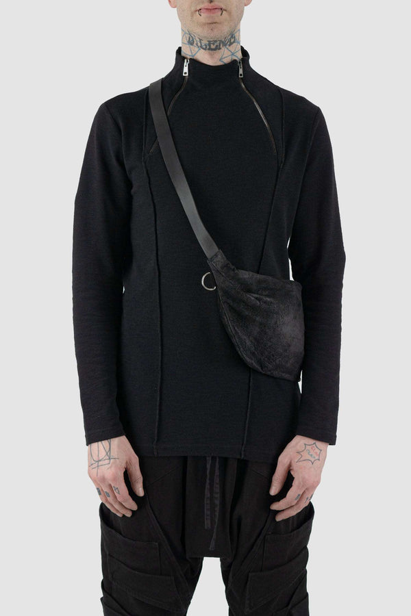 Front view of Black Suede Calf Leather Waist Bag with heavy-duty YKK zipper, WERKSCHWARZ