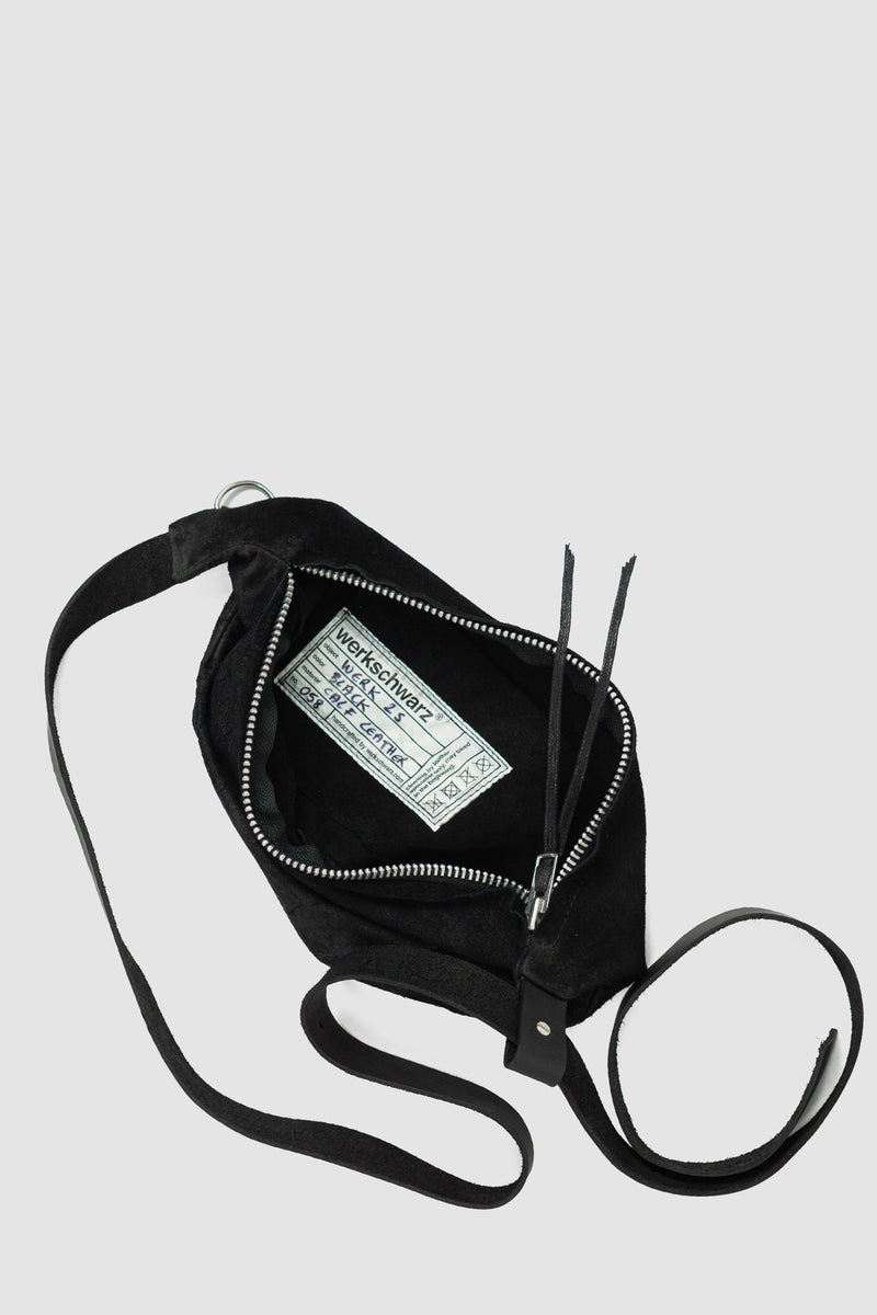Detail inside view of Black Suede Calf Leather Waist Bag with adjustable strap, WERKSCHWARZ