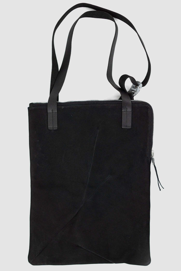 Top view of Black Calf Leather Tote Bag highlighting leather shoulder straps, WERKSCHWARZ