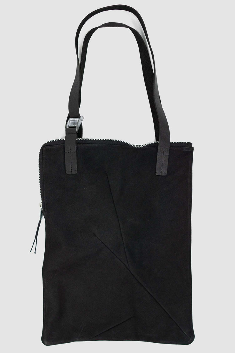 Back view of Black Calf Leather Tote Bag with cotton lining and compartments, WERKSCHWARZ