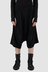 Front view of Black Cropped Cotton Pants for Men with applied patch details, LA HAINE INSIDE US