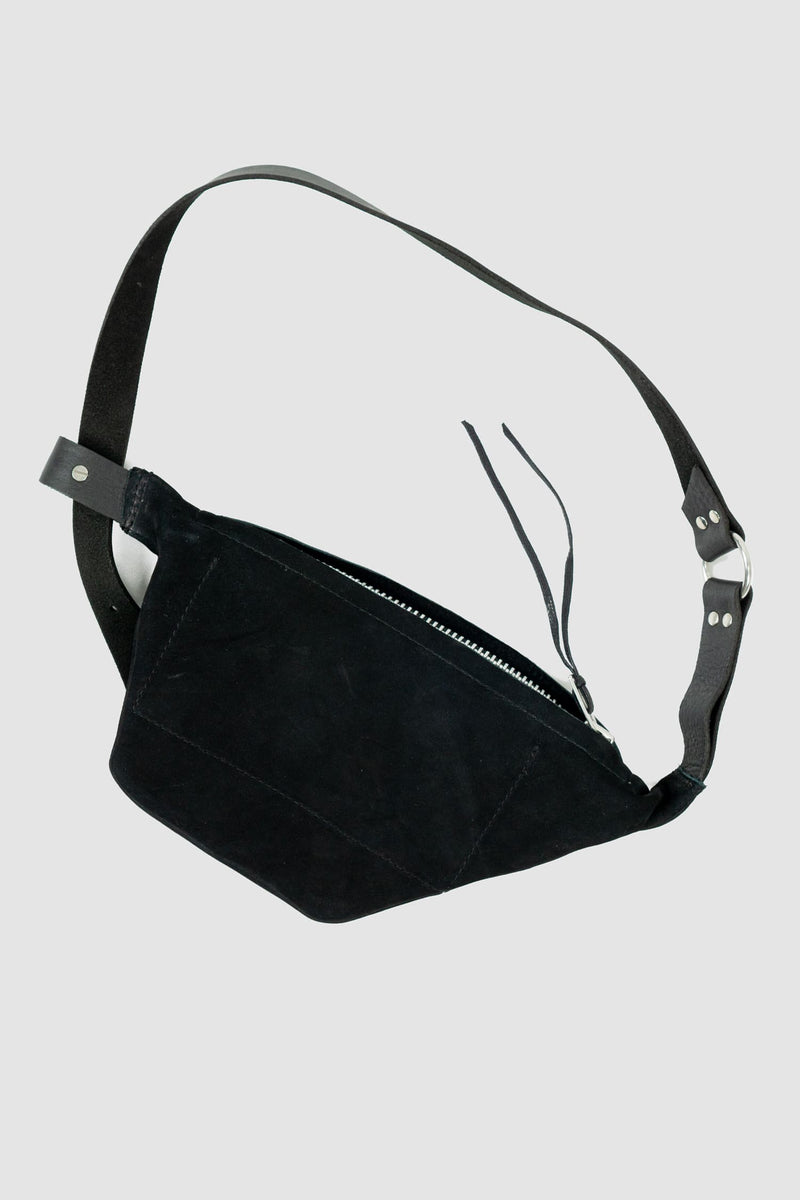 Werkschwarz - Back view of black silky sanded nubuck leather fanny pack is a versatile accessory that can also be worn as a waist bag or crossbody bag. Part of the Permanent collection, it features a waxed finish, ventilation openings, and a metal ring for added functionality and style.