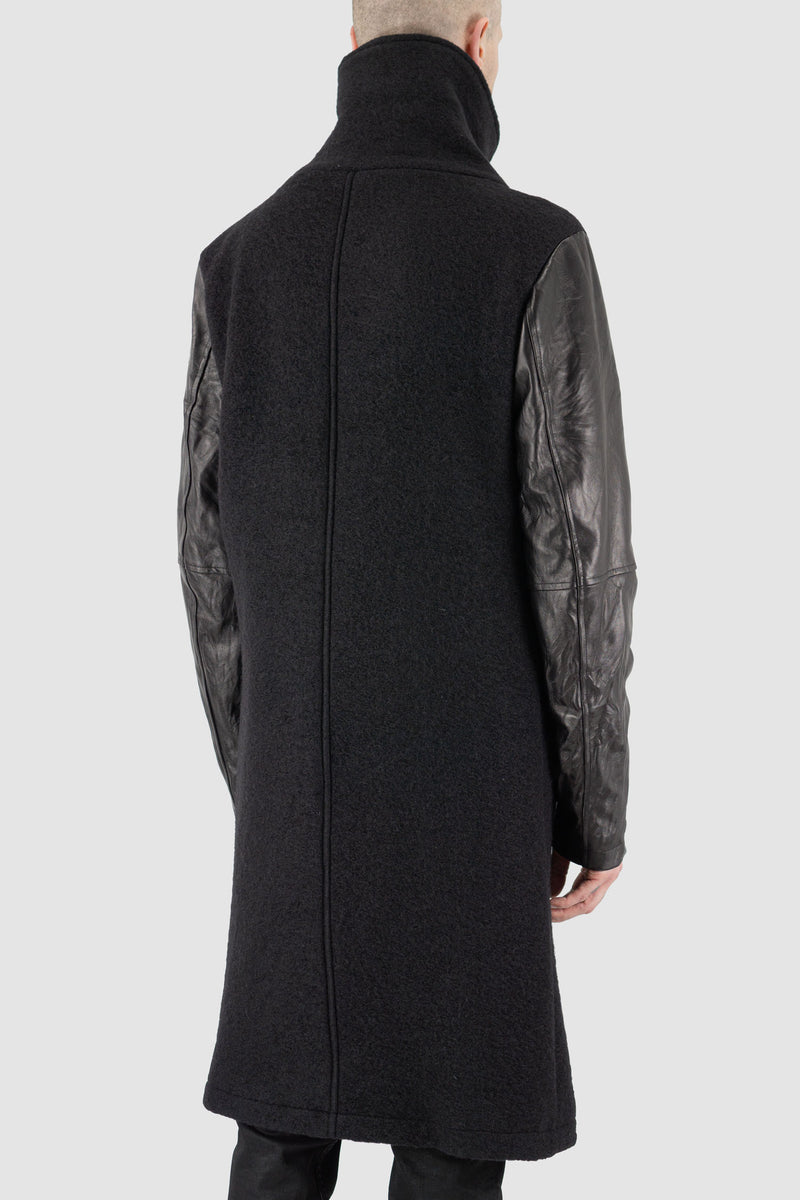 LA HAINE INSIDE US Black Long Boiled Wool Coat - FW23 Collection | Slim & Long Fit, High Neck | Leather Sleeves, Trimmed Pockets | Hem Zipper Details | Made in Italy