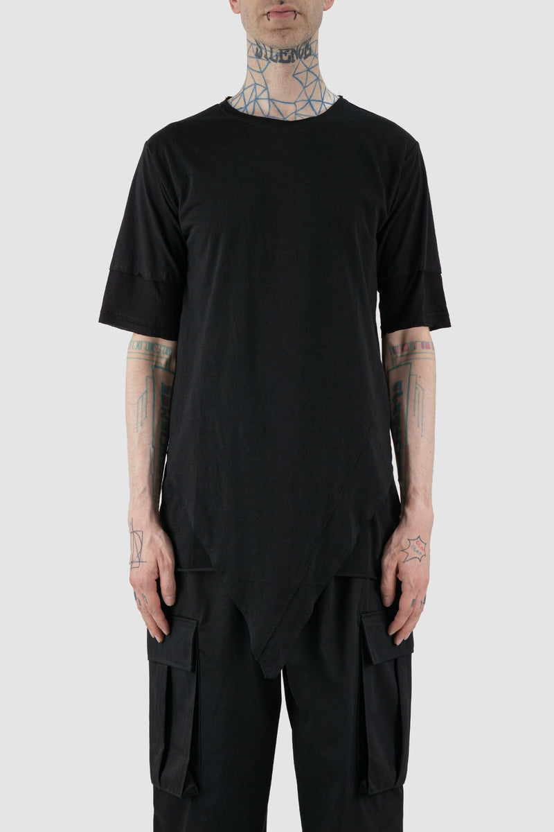 XConcept - Front view of black asymmetric pointed Tack T-shirt for men with double-layer sleeves, pointed tapered front, FW24 Collection.