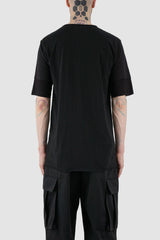 XConcept - back view of black asymmetric pointed Tack T-shirt for men with double-layer sleeves, pointed tapered front, FW24 Collection.