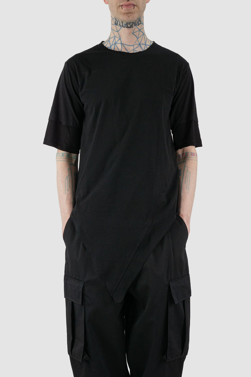 XConcept - Front legere view of black asymmetric pointed Tack T-shirt for men with double-layer sleeves, pointed tapered front, FW24 Collection.