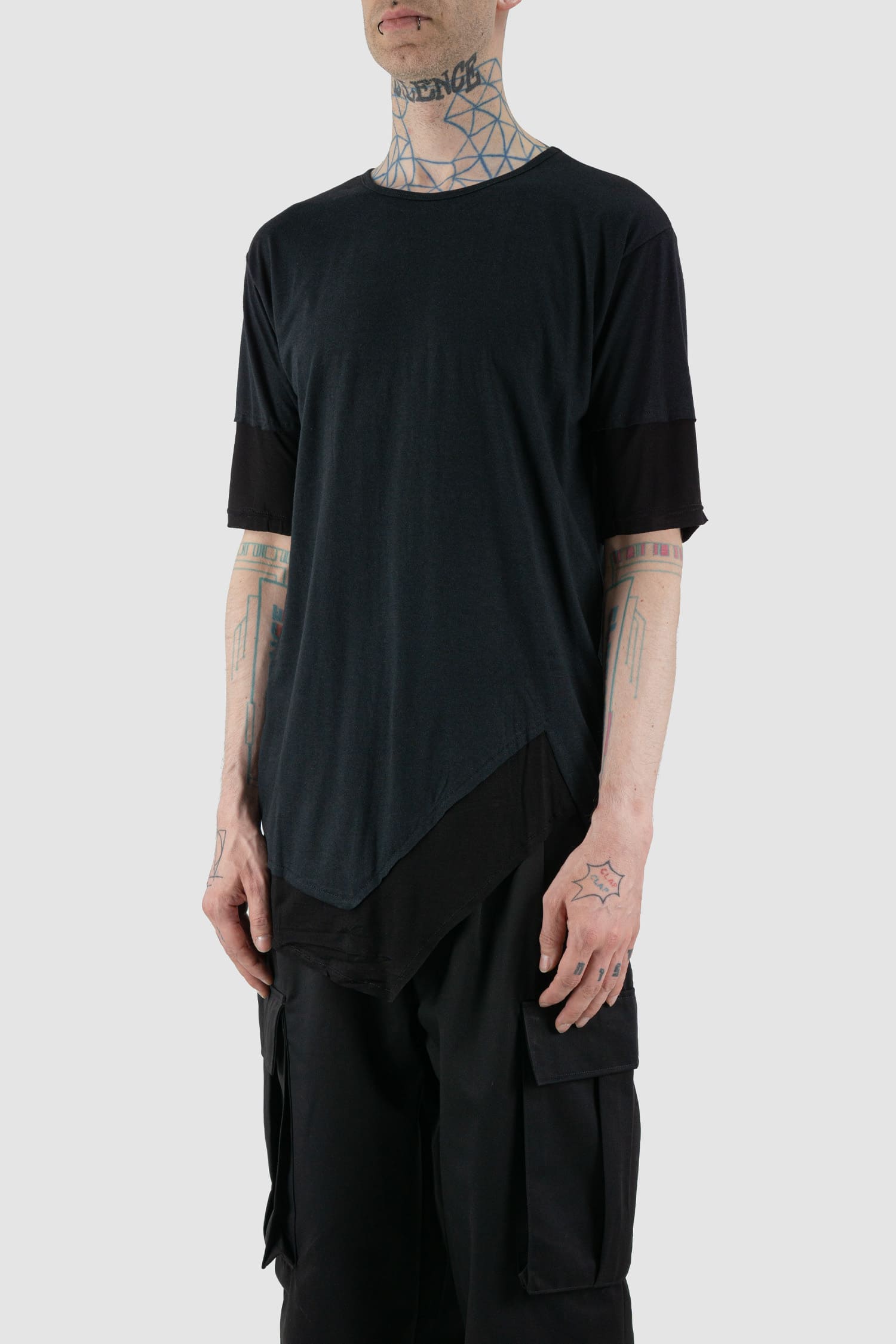 XConcept - front side view of black asymmetrical bamboo t-shirt.