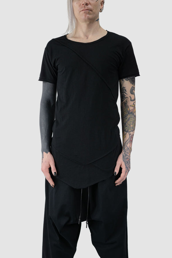 XConcept - front view of Black Asymmetrical Detailed Bamboo Cotton T-Shirt