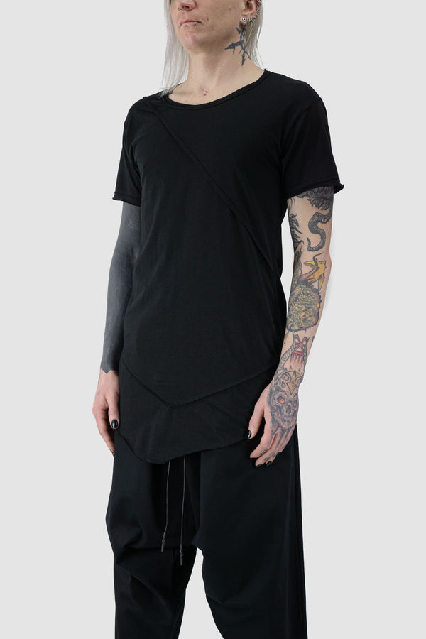 XConcept - front side view of Black Asymmetrical Detailed Bamboo Cotton T-Shirt