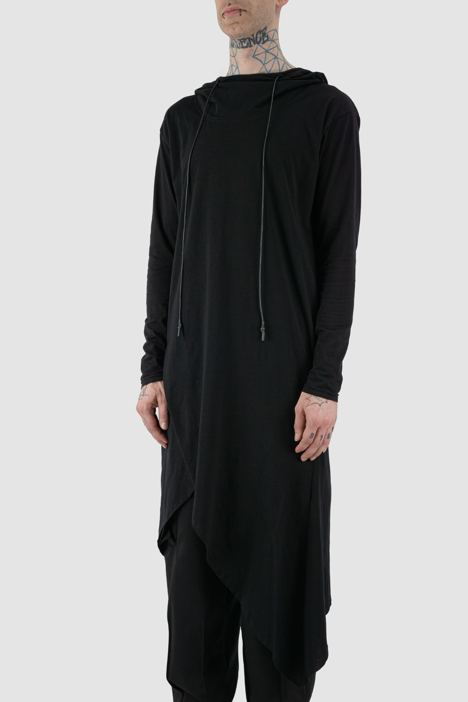 XConcept - front side view of black Asymmetric hooded long sleeve.