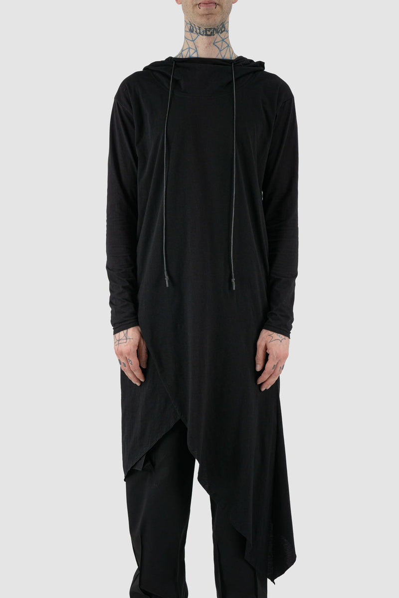 XConcept - front fiew of black Asymmetric hooded long sleeve for men from the FW24 collection with overlapping asymmetrical side panels and long drawstrings for the hood.