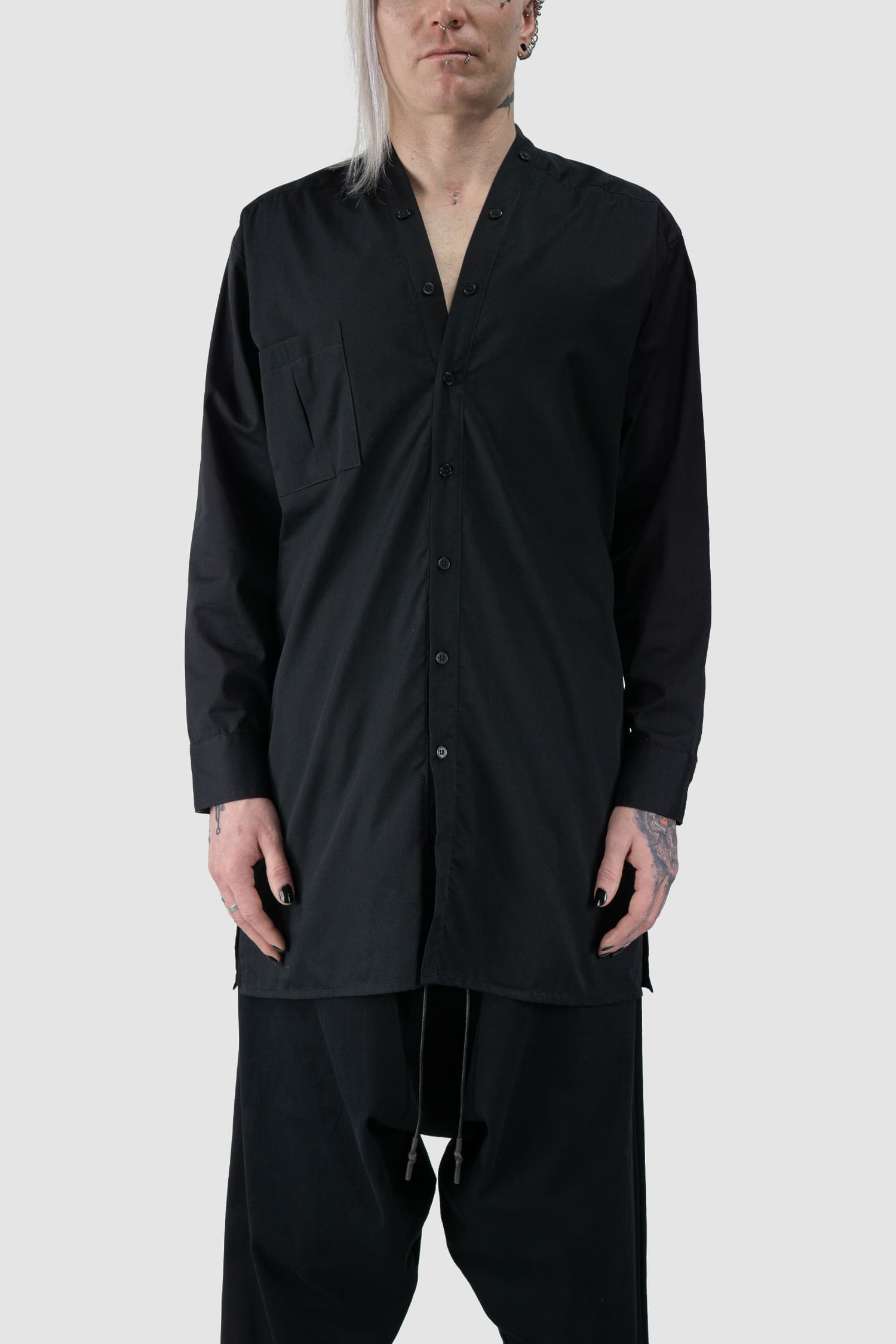 XConcept - front view of Black Cotton V-Neck Button Shirt