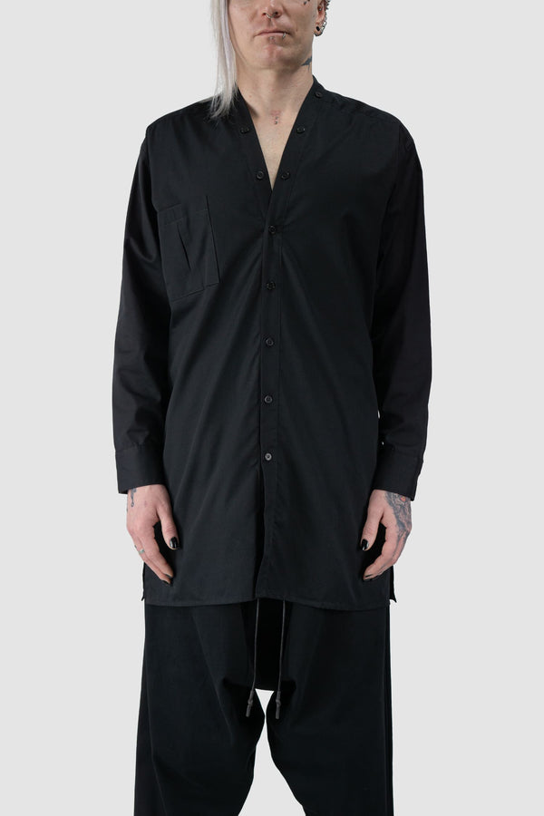 XConcept - front view of Black Cotton V-Neck Button Shirt