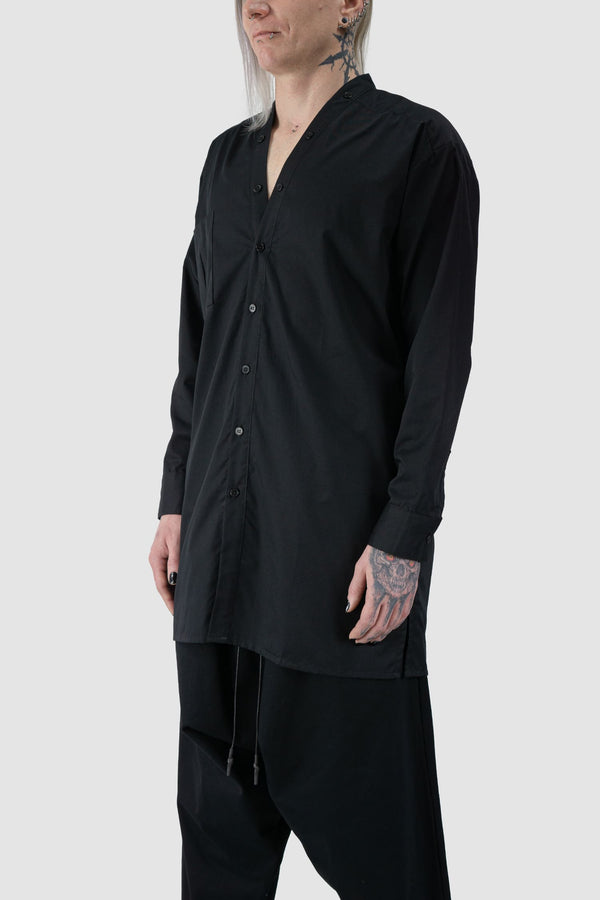 XConcept - front side view of Black Cotton V-Neck Button Shirt