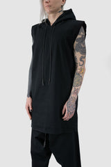 XConcept - front side view of Black Long Hooded Sleeveless Top