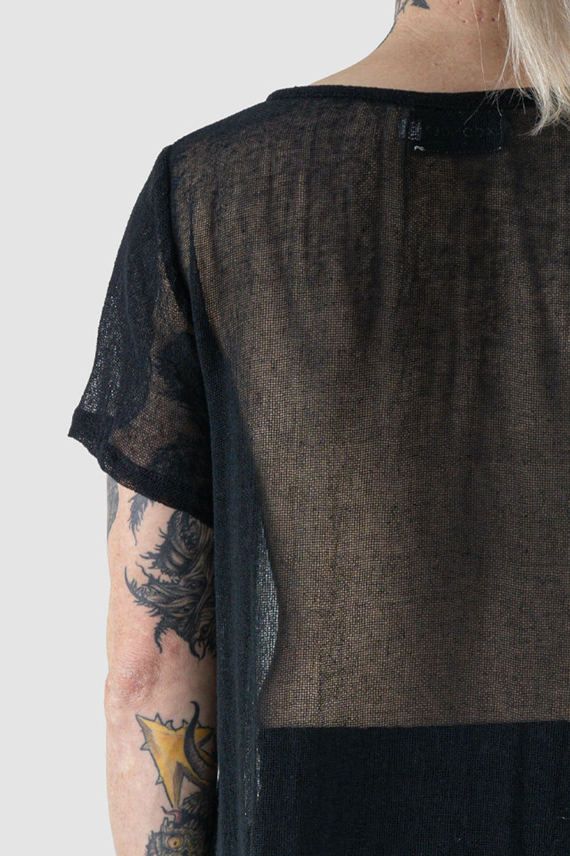 XConcept - shoulder view of Black Long Oversize Cotton Hemp T-Shirt