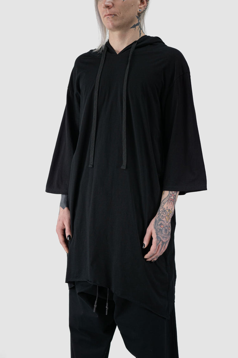 XConcept - front side view of Black Long Oversize Hooded Cotton Sweater