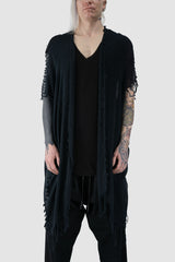 XConcept - front view of Black Loose Ripped Cotton Hemp Cardigan